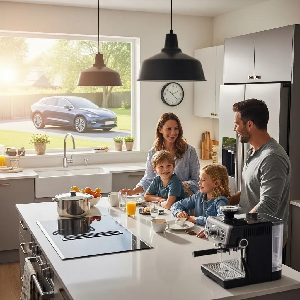 Family enjoying breakfast in a modern kitchen with an electric stove, coffee machine, and a view of an electric car outside, emphasizing contemporary home electrical needs.