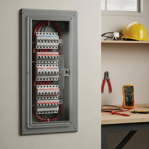 Electrical panel upgrade featuring circuit breakers and red wiring in a modern setting, illustrating safety and capacity improvements for homes and businesses in Chicago.