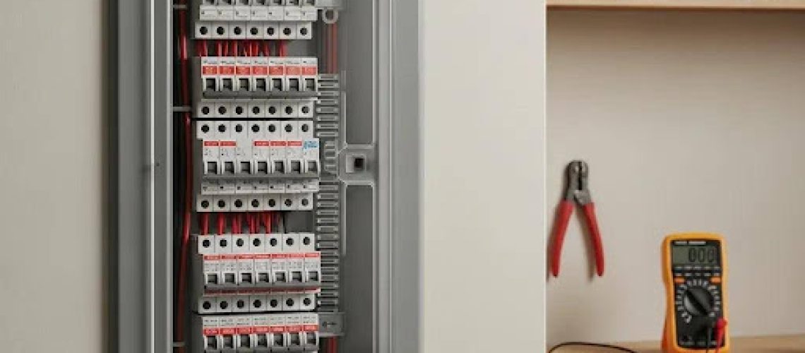 Electrical panel with circuit breakers and red wiring, showcasing modern upgrades for safety and capacity in residential or commercial settings.